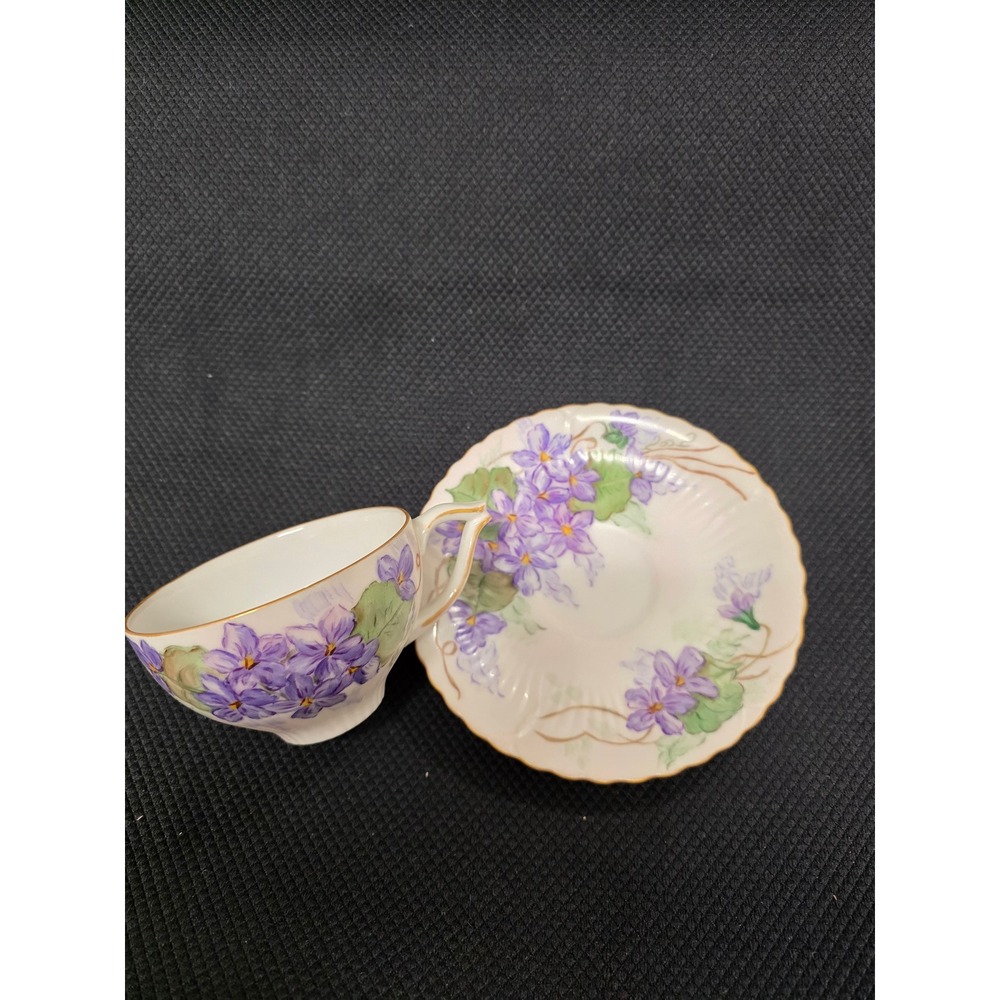 Vintage Hand Painted Purple Violet Floral Porcelain Tea Cup and Saucer Set Gold